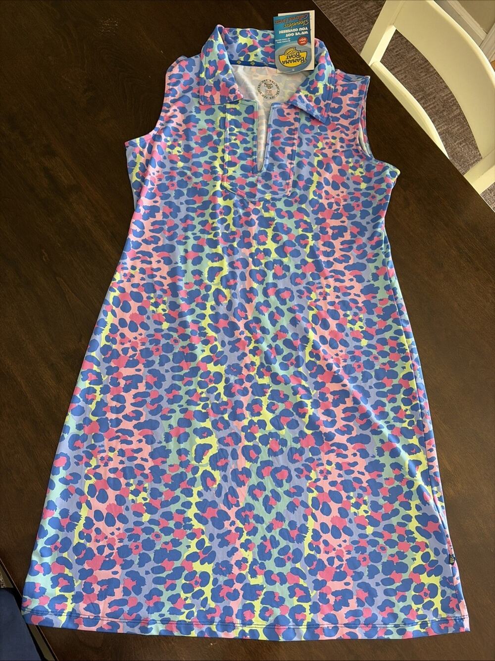 Banana Boat Shift Dress UPF 50 Women’s Large Navy Blue Collar Pattern Sleeveless